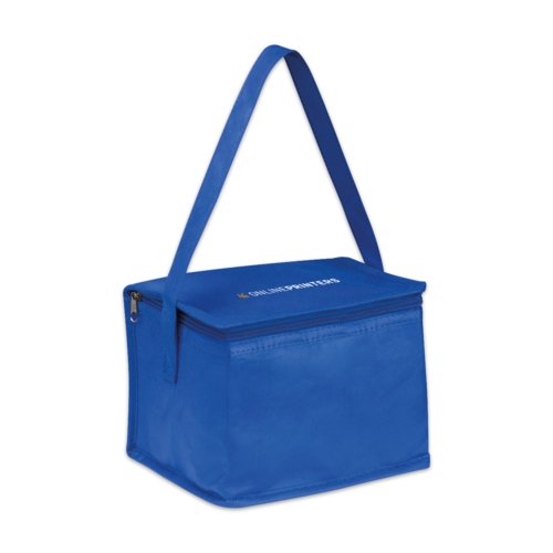 Blue non-woven cooler bag with zipper and carrying handle.