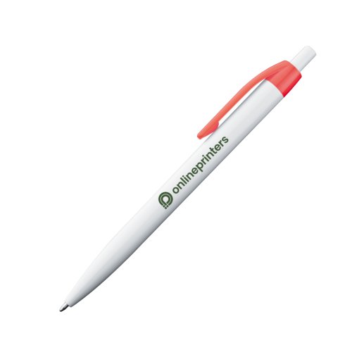 Red plastic ballpoint pen with clip and push button.