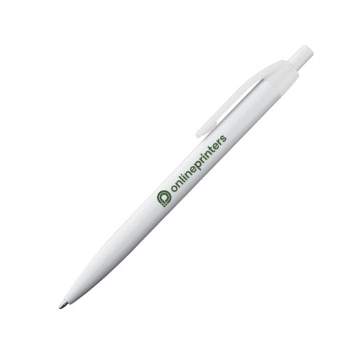 White plastic ballpoint pen with clip and push button.