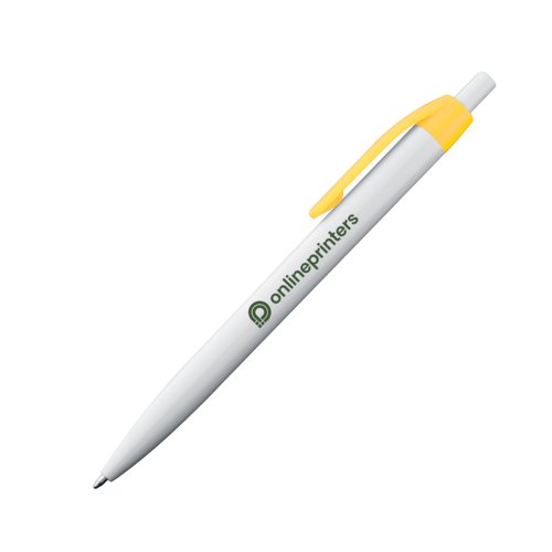 Yellow ballpoint pen with clip and push mechanism.
