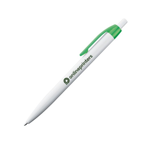 White plastic ballpoint pen with colored clip and push mechanism.