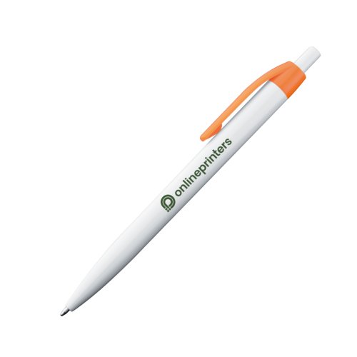 Orange plastic ballpoint pen with clip and push button.