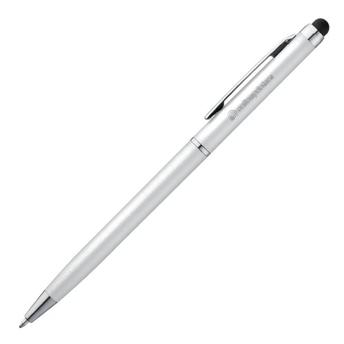 White ballpoint pen with touch function and clip.