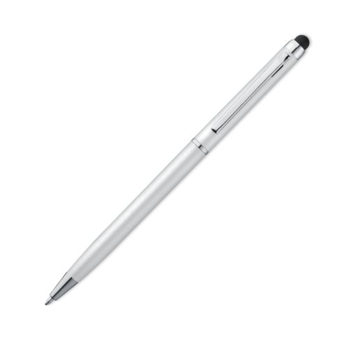 White metal ballpoint pen with touch function and clip.