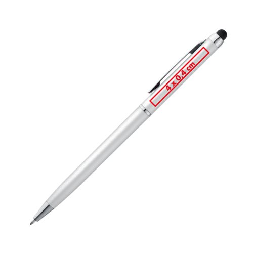 Silver ballpoint pen with touch function and clip.