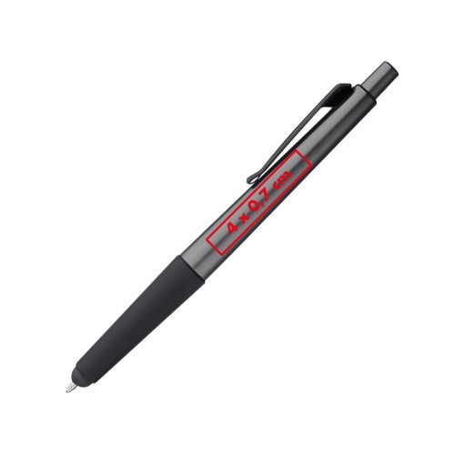 Gray ballpoint pen with touch function and clip.