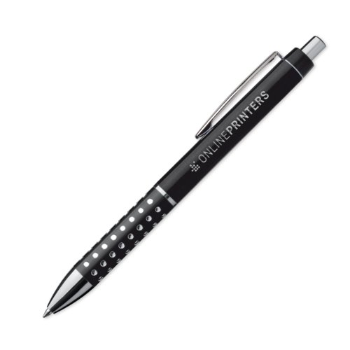 Black metal ballpoint pen with clip and push button.