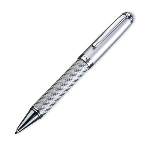 Gray metal ballpoint pen with clip and push mechanism.