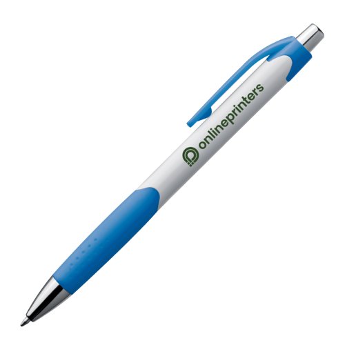 Blue plastic ballpoint pen with clip and push button.