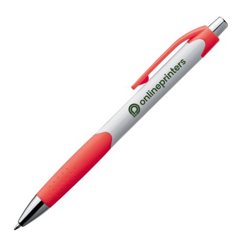 Red plastic ballpoint pen with clip and push button.