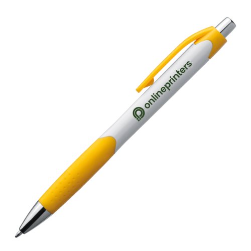 Yellow plastic ballpoint pen with clip and push button.