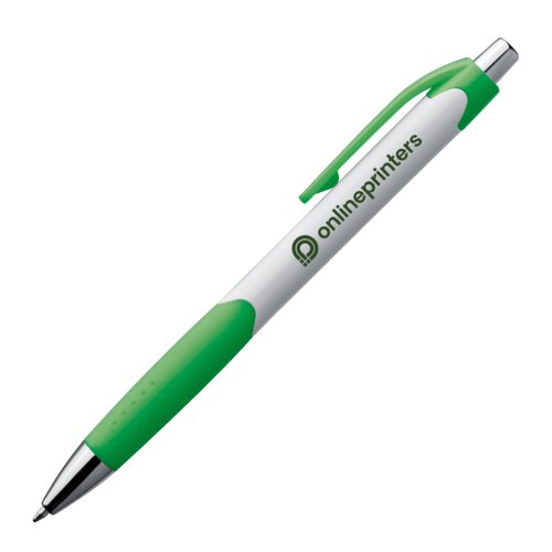 Green plastic ballpoint pen with clip and push button.