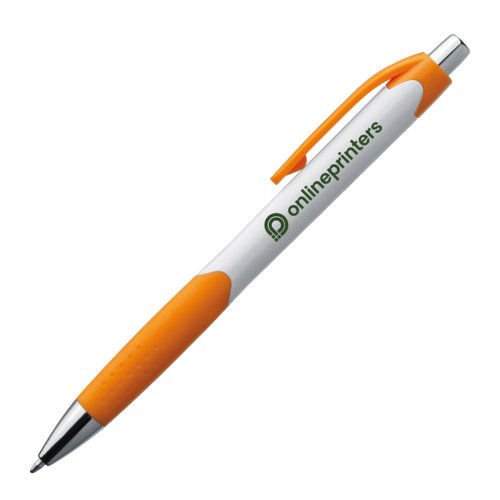 Orange plastic ballpoint pen with clip and push button.