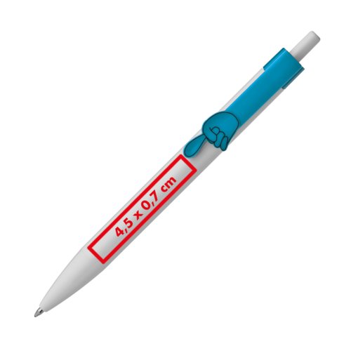 White plastic ballpoint pen with colored clip and push mechanism.