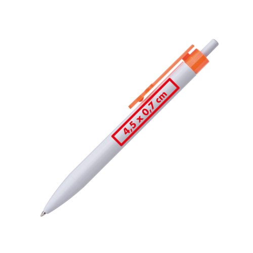 White plastic ballpoint pen with orange clip and push mechanism.