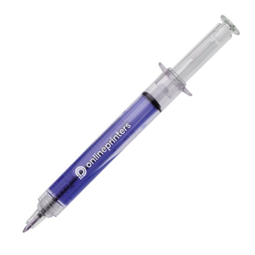 Blue plastic ballpoint pen shaped like a syringe with push mechanism.