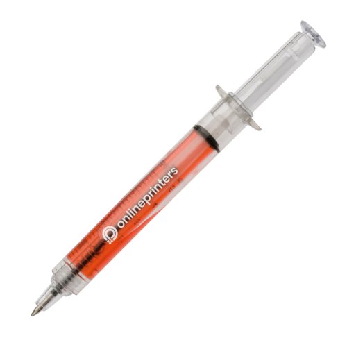 Red plastic ballpoint pen in a syringe design with removable cap.