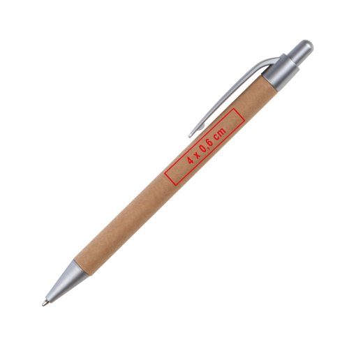 Brown paper ballpoint pen with metal elements and clip.