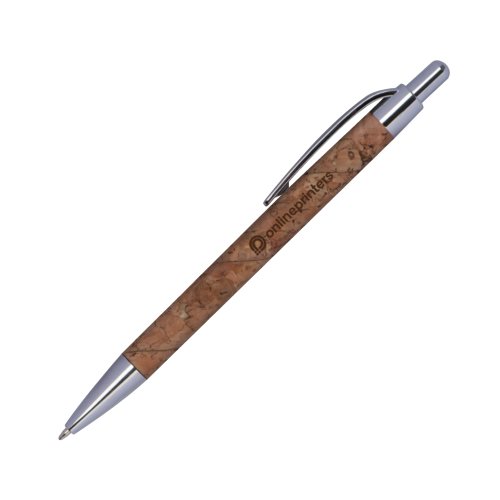 Brown cork ballpoint pen with metal elements and clip.