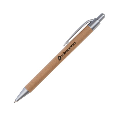 Brown cardboard ballpoint pen with clip and push mechanism.