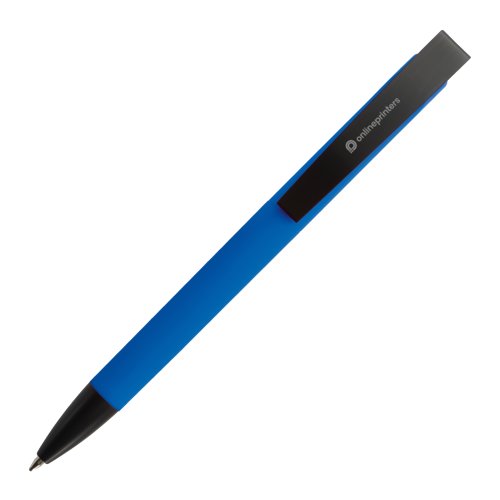 Blue ballpoint pen with clip and push mechanism.