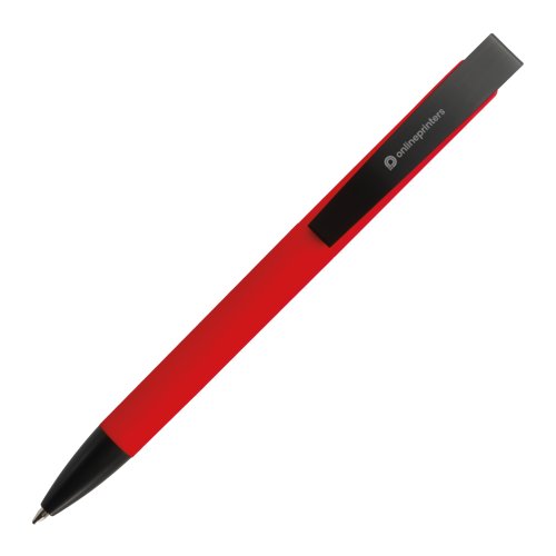 Red ballpoint pen with clip and push mechanism.