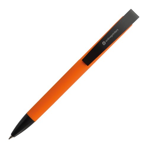 Orange ballpoint pen with clip and push mechanism.