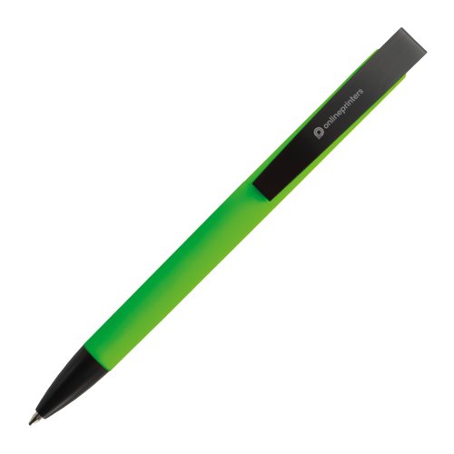 Green ballpoint pen with clip and push mechanism.