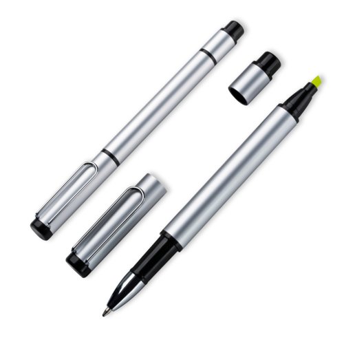 Gray metal double pen with ballpoint pen and highlighter.
