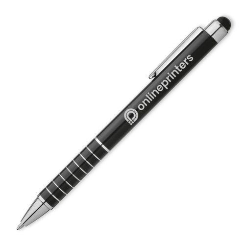 Black metal ballpoint pen with touch pen and clip.