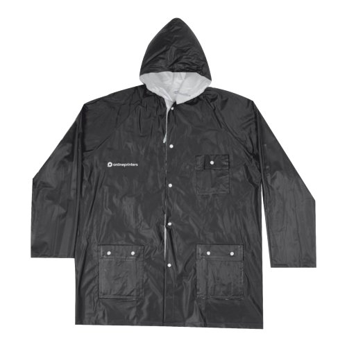 Black rain jacket with hood, pockets, and button closure.