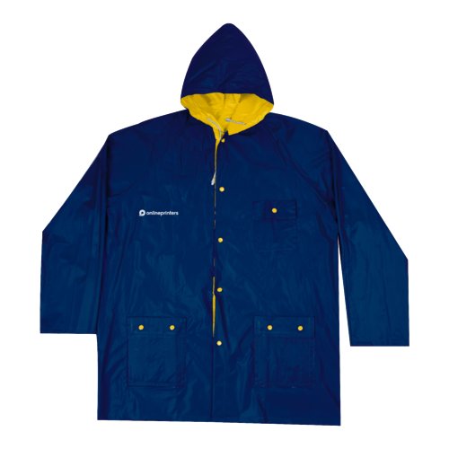 Blue and yellow reversible rain jacket with hood and pockets.