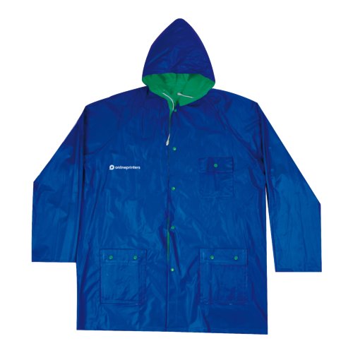 Blue and green reversible rain jacket with hood and pockets.