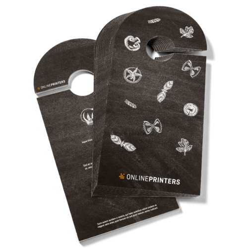Paper door hanger, printed on both sides with cutout.