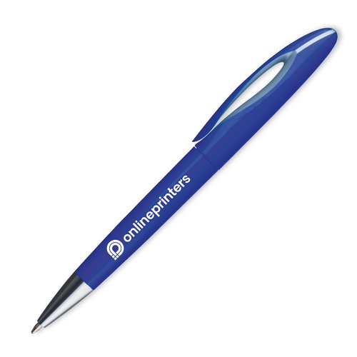 Blue plastic ballpoint pen with clip and push mechanism.