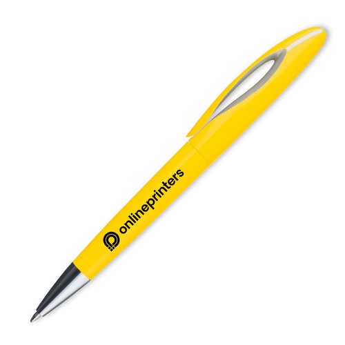 Yellow plastic ballpoint pen with clip and push button.
