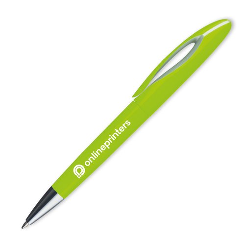 Green plastic ballpoint pen with clip and push mechanism.
