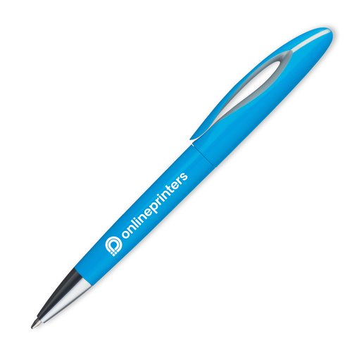 Light blue plastic ballpoint pen with pattern and push button.