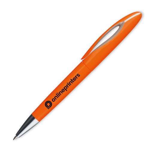 Orange plastic ballpoint pen with clip.