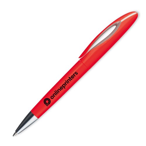 Red plastic ballpoint pen with clip and push button.