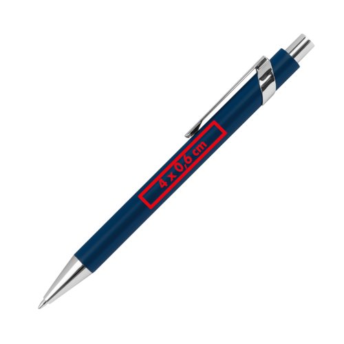 Blue metal ballpoint pen with clip.