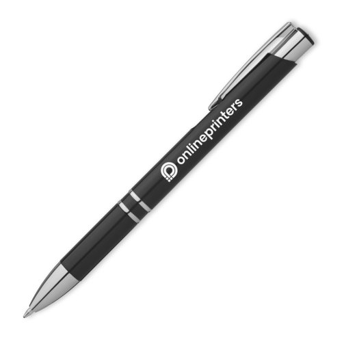 Black metal ballpoint pen with clip and push mechanism.
