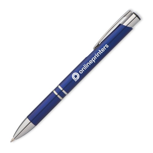 Blue metal ballpoint pen with clip and push mechanism.
