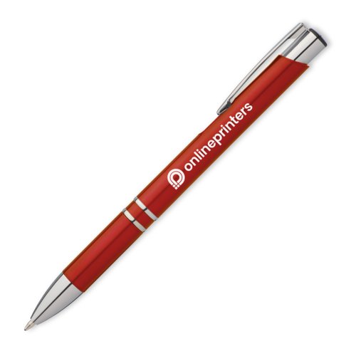 Red metal ballpoint pen with clip and push button.