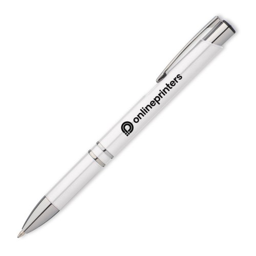 White ballpoint pen with clip and push mechanism.