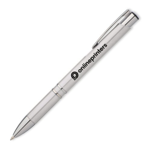 Gray patterned metal ballpoint pen with clip and push button.