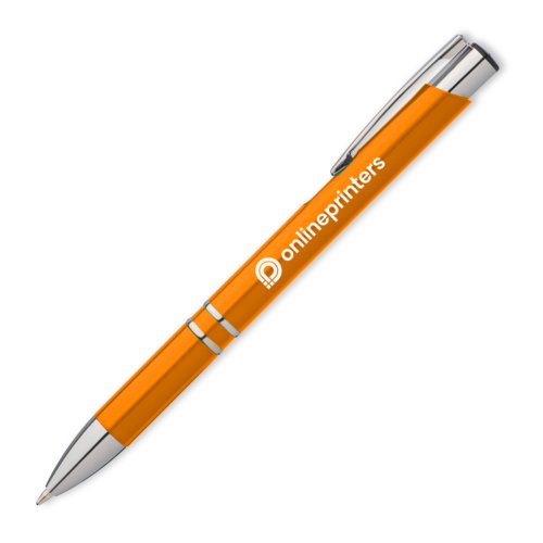 Orange metal ballpoint pen with clip and push button.