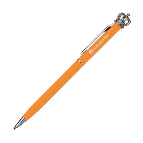 Orange metal ballpoint pen with clip and crown decoration.
