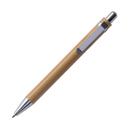 Brown bamboo ballpoint pen with clip and push mechanism.