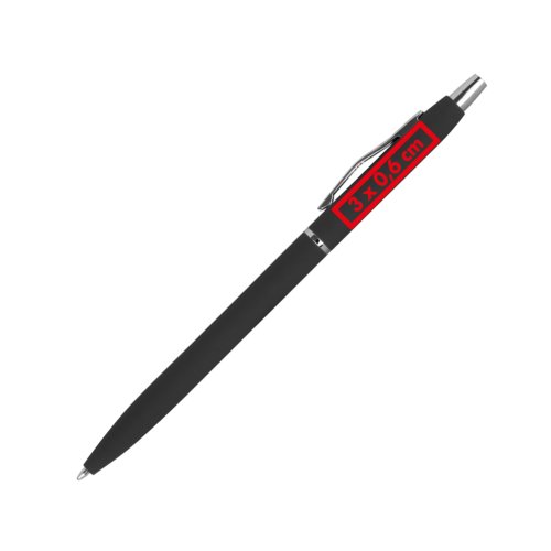 Black metal ballpoint pen with clip and push mechanism.